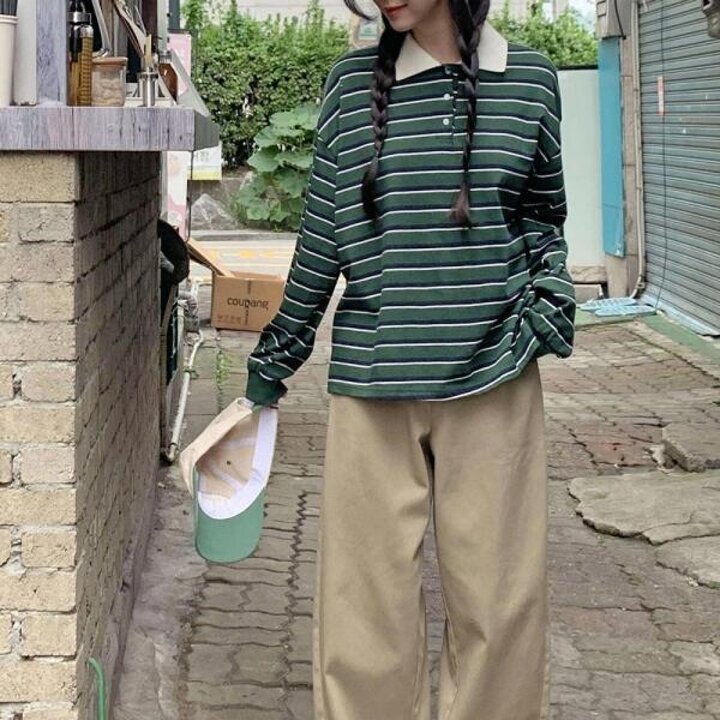 아트박스/신상오픈런 여성 루즈핏 스트라이프 버튼 카라 티셔츠