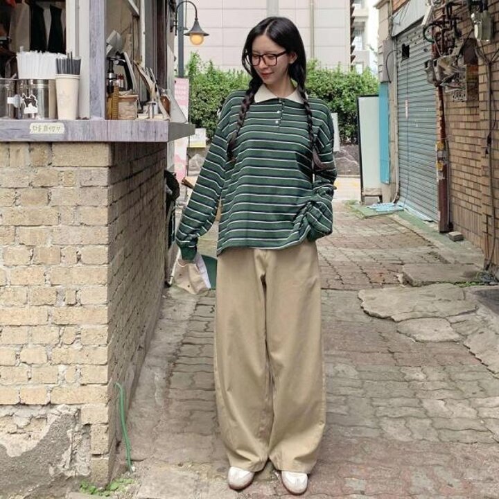 아트박스/신상오픈런 여성 루즈핏 스트라이프 버튼 카라 티셔츠