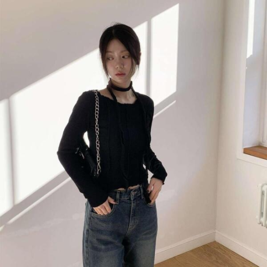 아트박스/옷자락 여자 초커 프릴 슬림핏 골지 니트