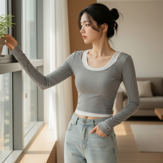 피치 레이어드 베이직 크롭 긴팔티 페일코