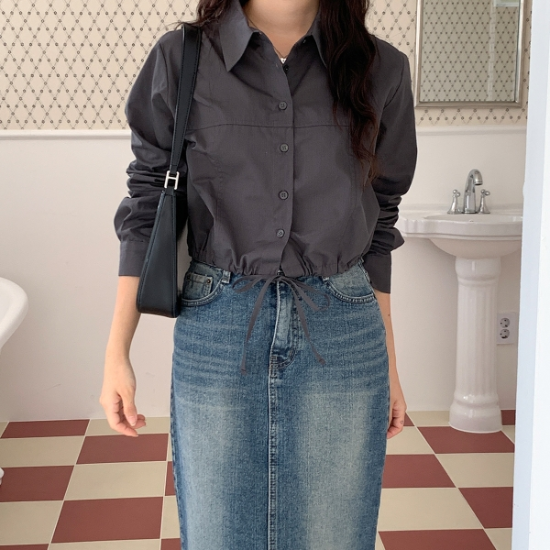 어나러 코튼 밑단 스트링 크롭 셔츠