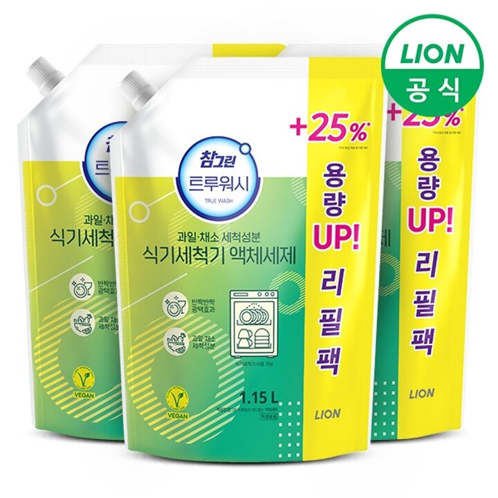 참그린 트루워시 식기세척기 세제 1.15L 리필형 3개 린스 성분 구연산소다 함유 비건인증