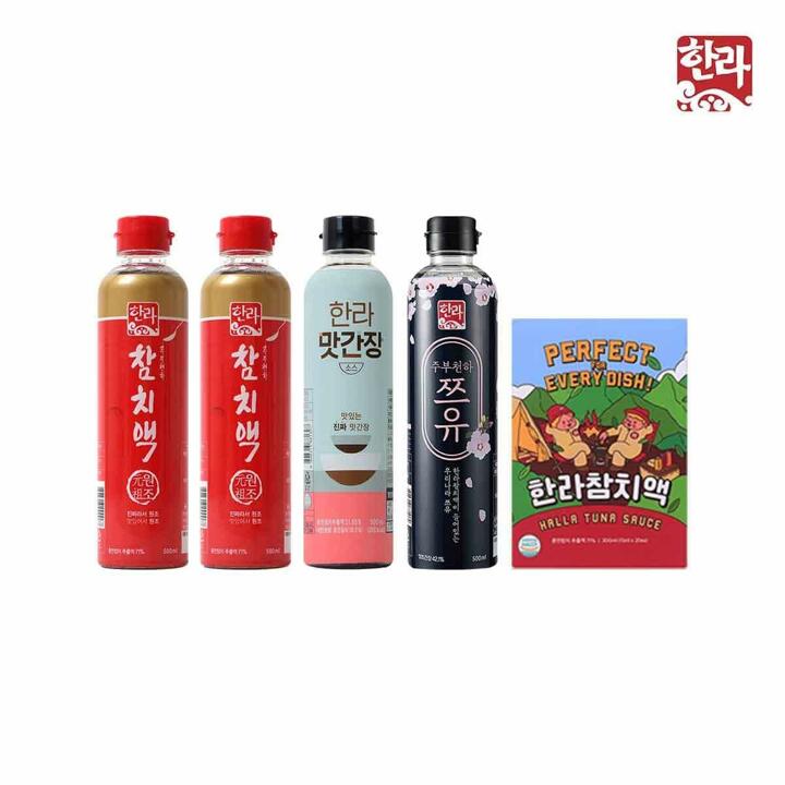 한라식품 실속구성2(참치액500ml x 2병 + 맛간장소스500ml x 1병 + 주부천하쯔유500ml x 1병 + 참치액스틱 1케이스)