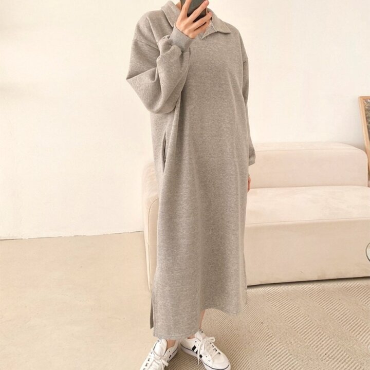 문에이블 겨울 여자 여성 기모 카라넥 빅사이즈 루즈핏 임산부 데일리 롱 원피스