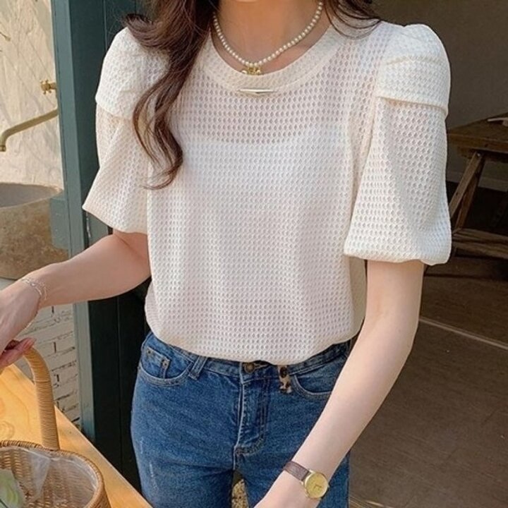 퍼프 소매 시스루 반팔 여성 티셔츠19557979667501