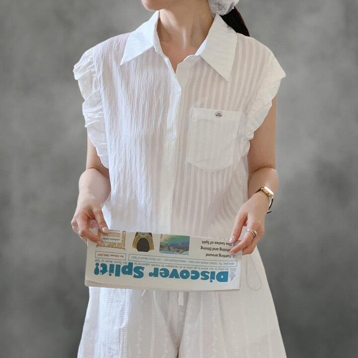 여성 스트라이프 팬던트 포켓 스트링 민소매 블라우스