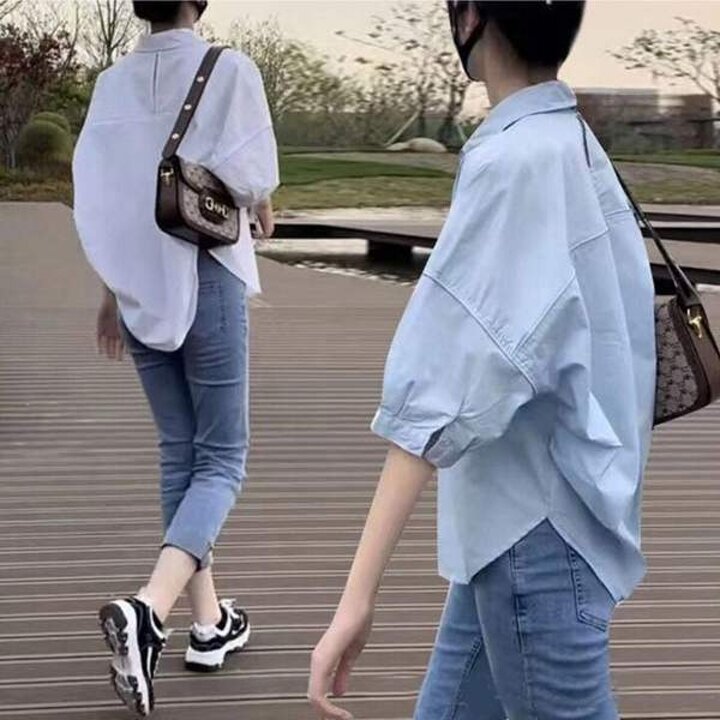 LND 언발 루즈핏 반팔 셔츠 여름 여성 블라우스 남방