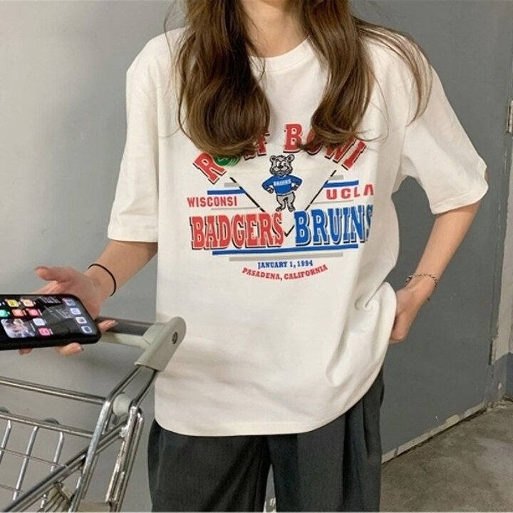여성 빈티지 레터링 곰돌이 프린팅 루즈핏 반팔티19613314667501