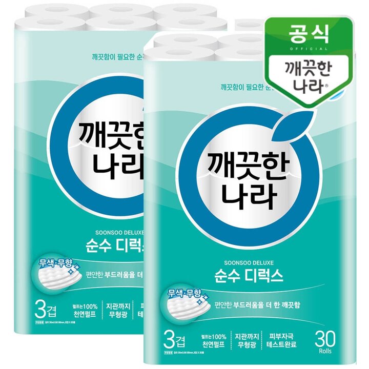 깨끗한나라 순수 디럭스 천연펄프 3겹 화장지 30m 30롤x2팩
