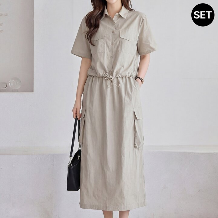 [모리스커밍홈] [SET]카라 바스락 반팔 점퍼 카고스커트 2종세트_M2604SE035B