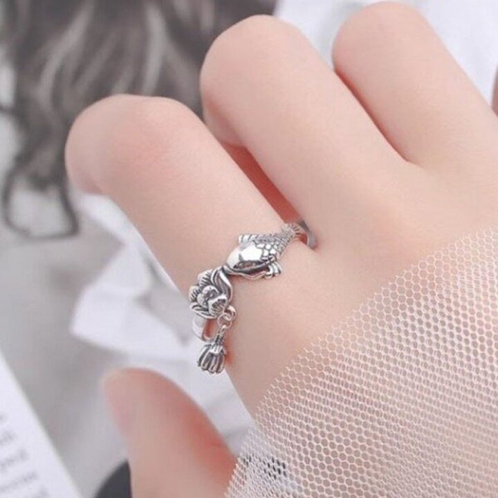 MNO 물고기반지 연꽃 잉어 불교 건강 행운