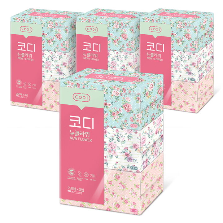 [코디] 코디  뉴플라워 미용티슈 250매*3입 4팩