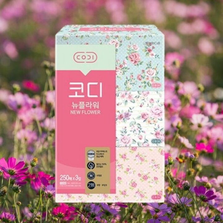코디 각티슈 뉴플라워 250매 x 3입 미용티슈 곽티슈 갑티슈[34856000]