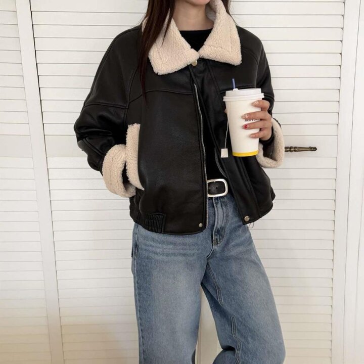 여자 보아털 안감 카라넥 페이크 레더 무스탕 자켓