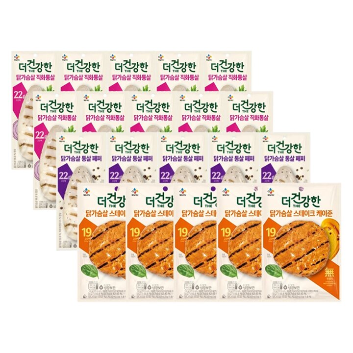 CJ제일제당 더건강한 닭가슴살 직화 통살구이 100g x10개 + 통살 페퍼 100g x5개 + 스테이크 케이준 100g x5개