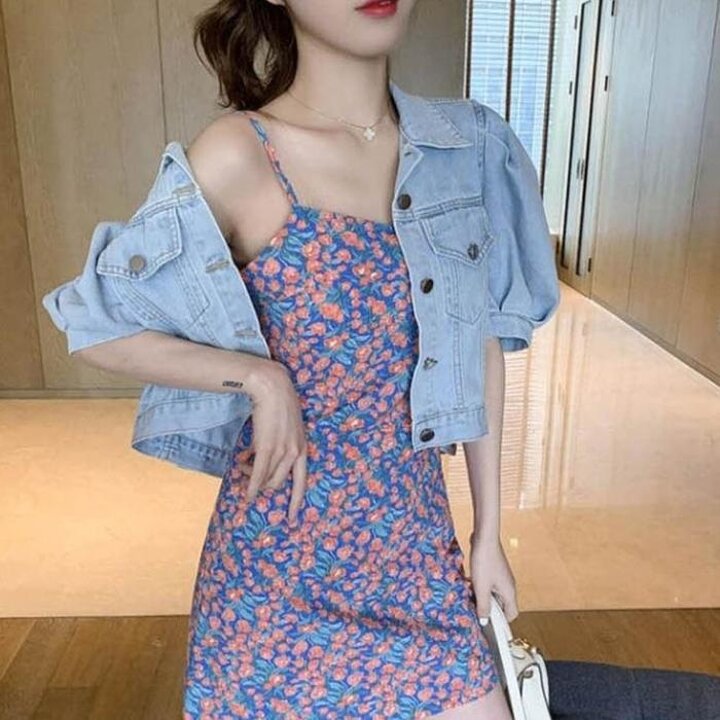 크롭청자켓여름여자데님코디퍼프반팔재킷