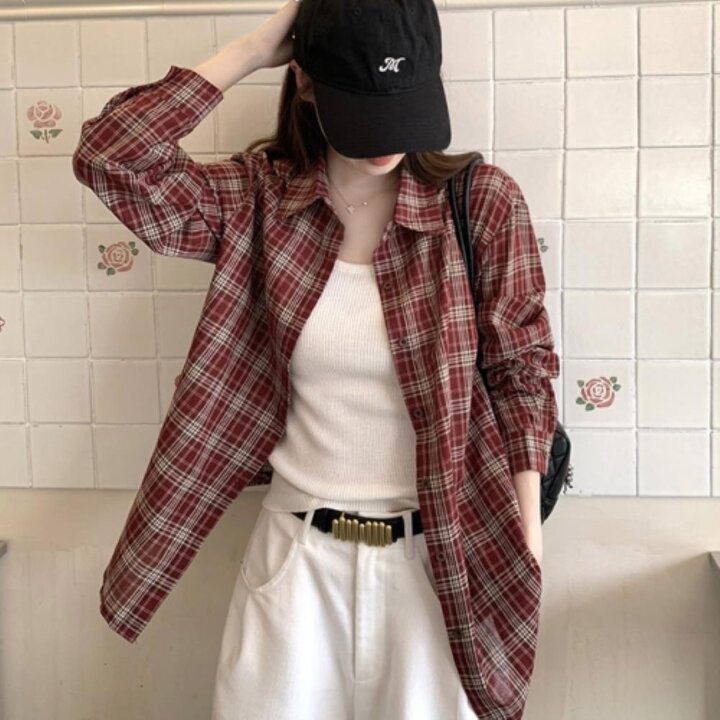 [옷자락] 여자 봄 가을 루즈핏 아우터 체크 셔츠